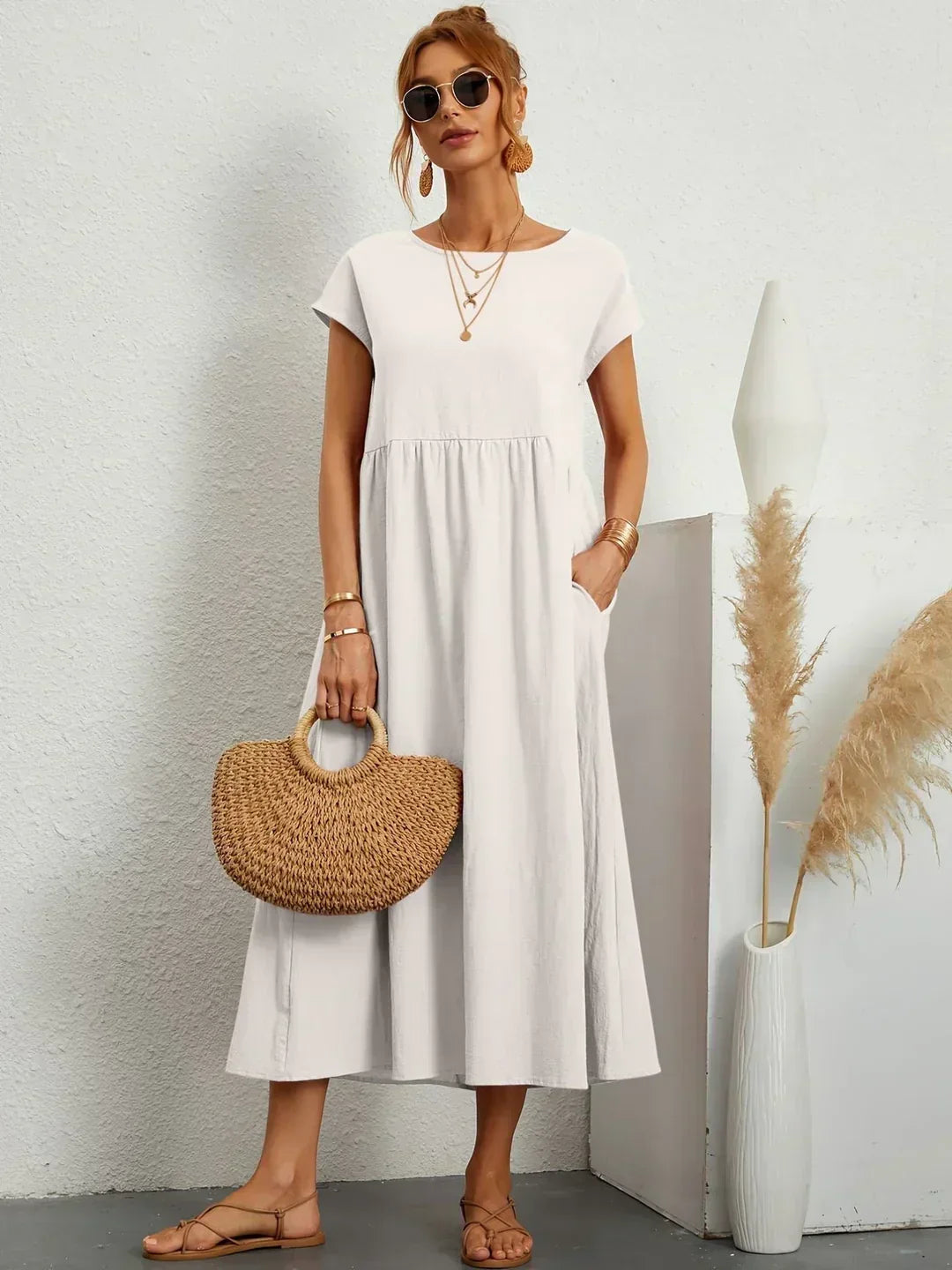 Montarello Women's Short-Sleeve Round Neck Pocket Midi Summer Dress