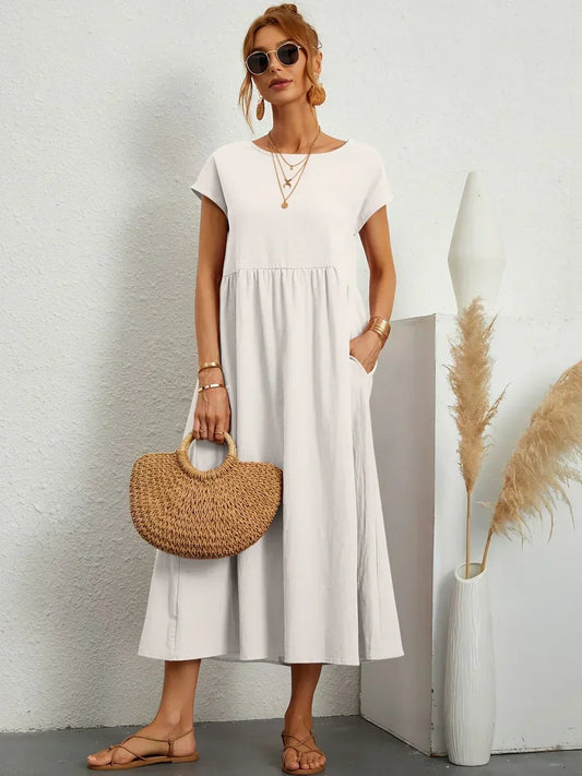 Montarello Women's Short-Sleeve Round Neck Pocket Midi Summer Dress