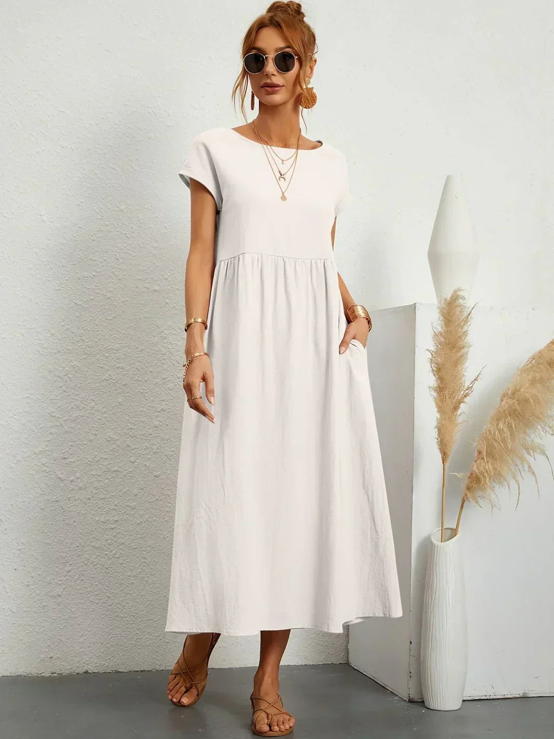 Montarello Women's Short-Sleeve Round Neck Pocket Midi Summer Dress