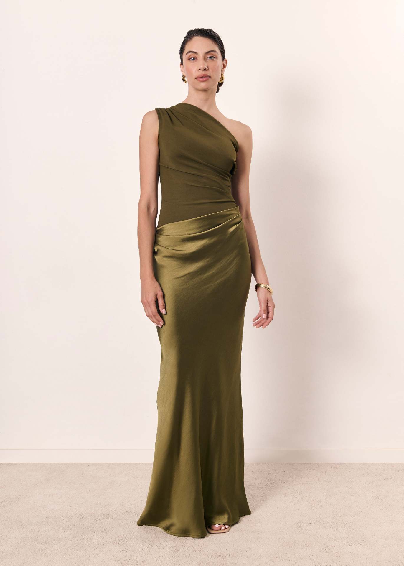 Montarello One Shoulder Ruched Women's Satin-Look Maxi Dress