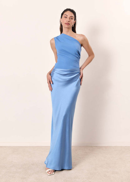 Montarello One Shoulder Ruched Women's Satin-Look Maxi Dress