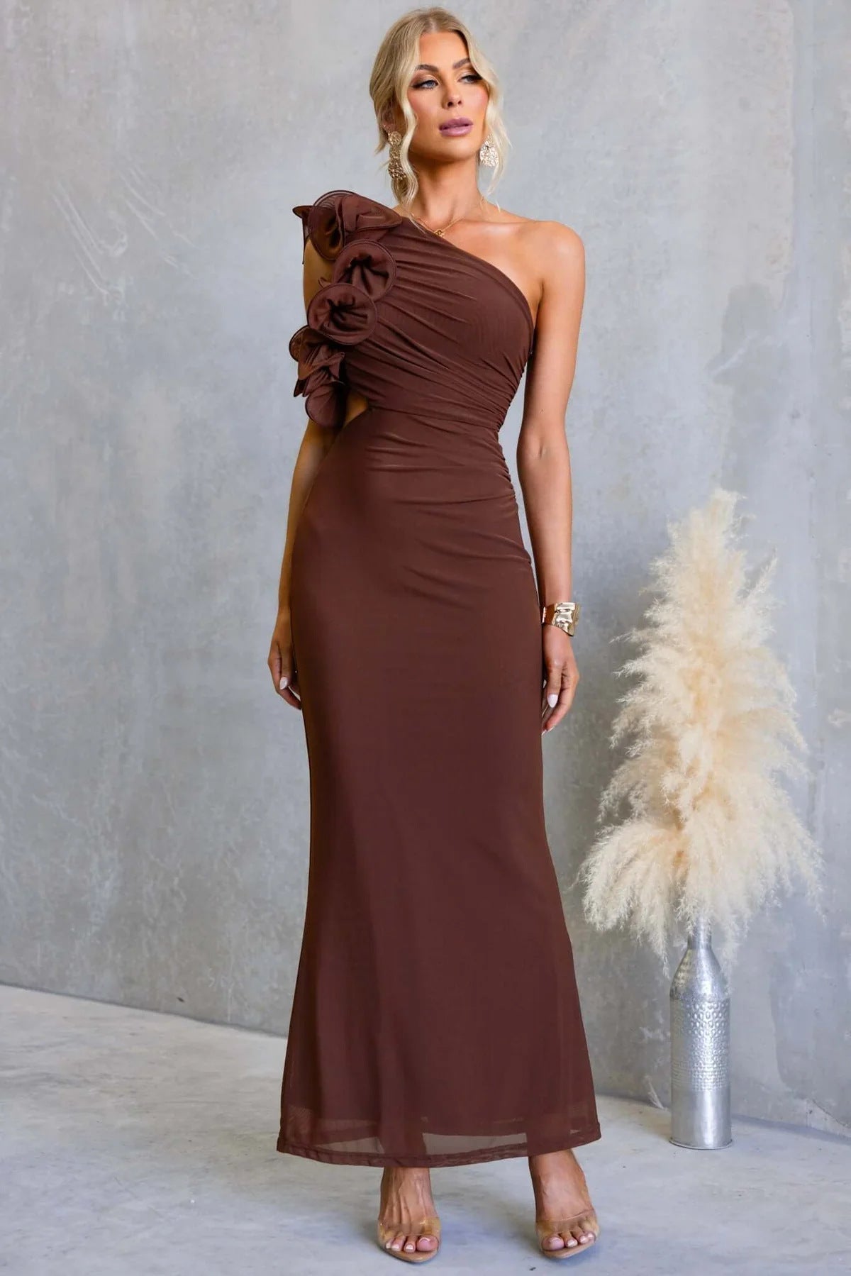 Montarello Women's One-Shoulder Ruffle Maxi Wedding Guest Dress