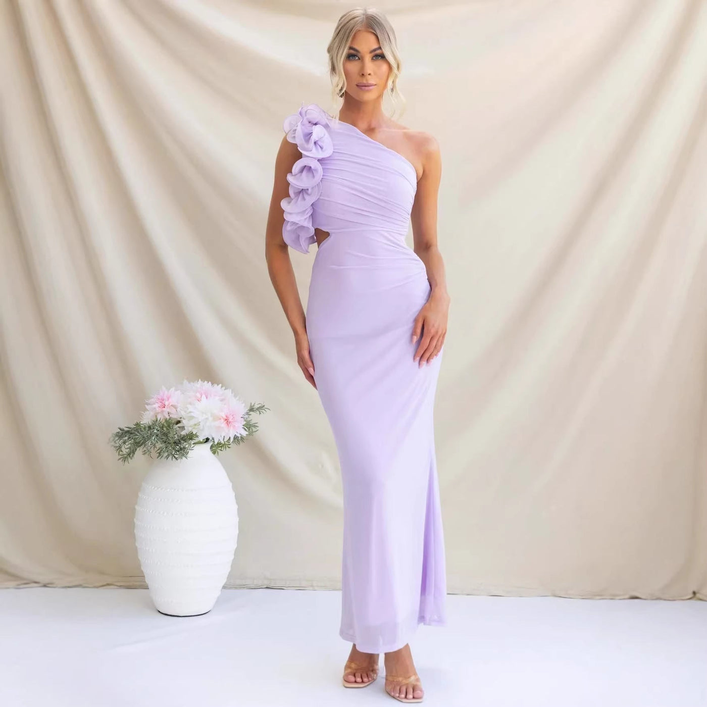 Montarello Women's One-Shoulder Ruffle Maxi Wedding Guest Dress