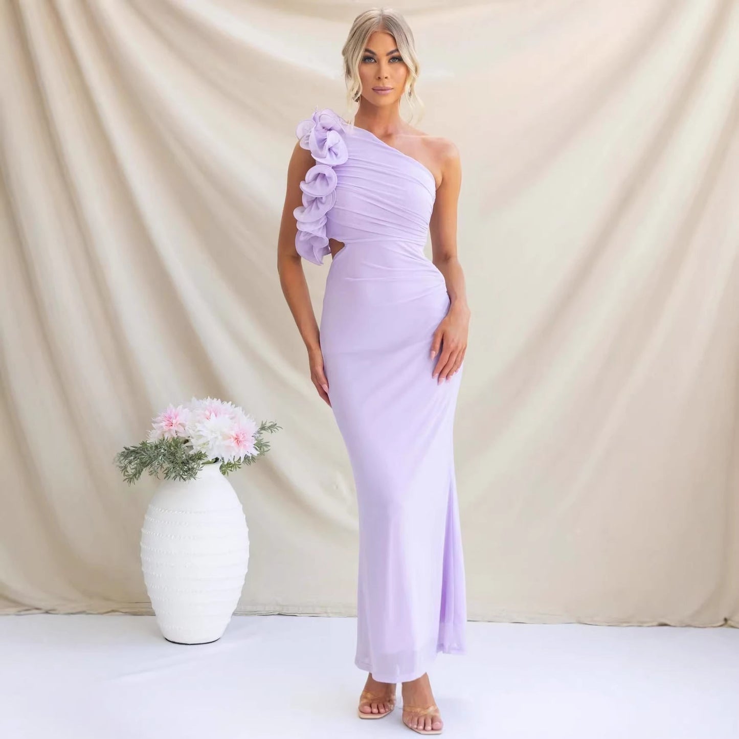 Montarello Women's One-Shoulder Ruffle Maxi Wedding Guest Dress