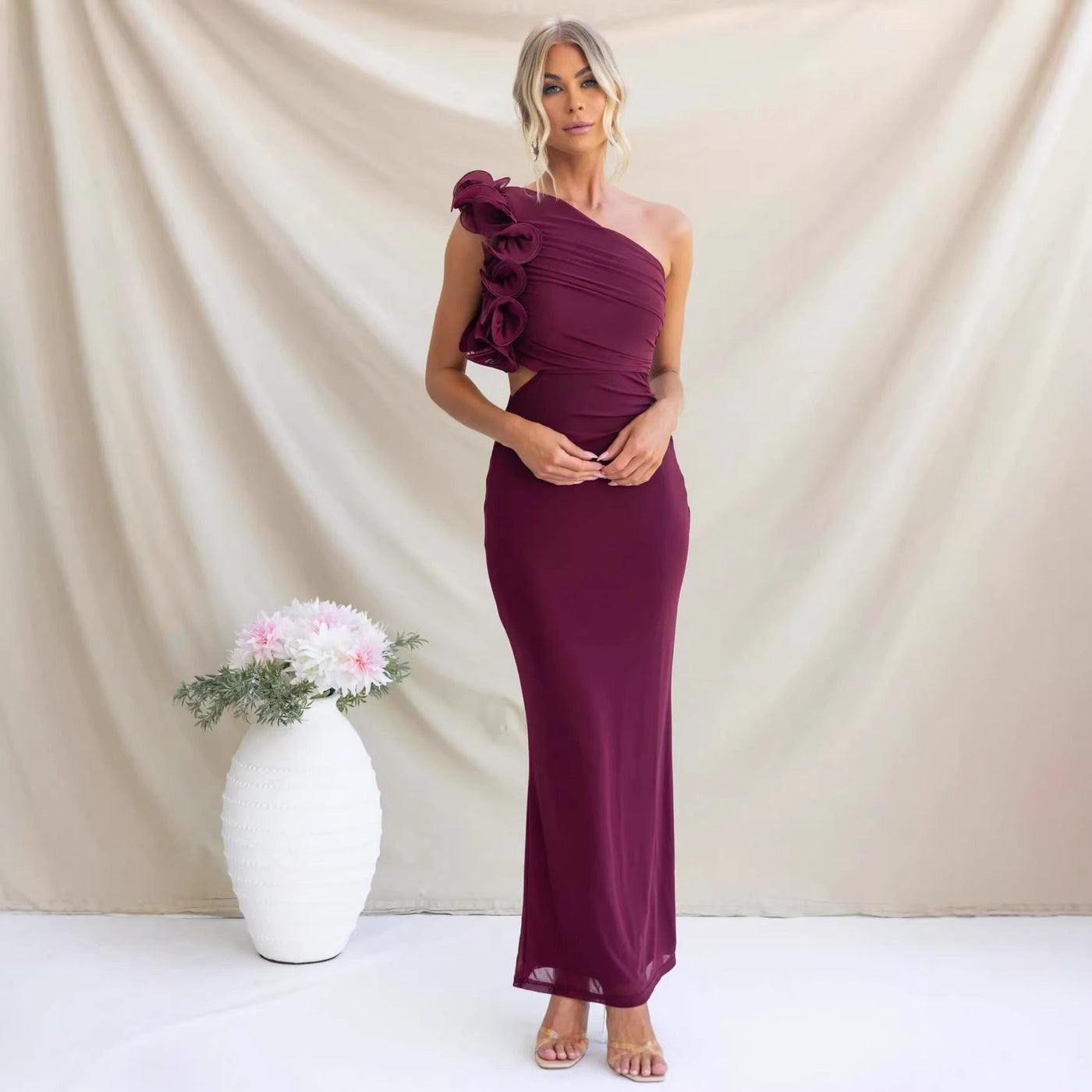 Montarello Women's One-Shoulder Ruffle Maxi Wedding Guest Dress