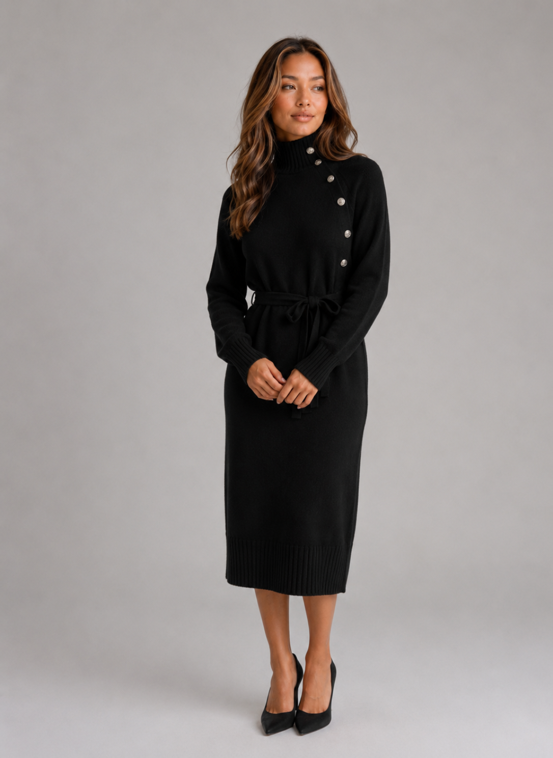 Robe-pull midi femme Montarello à col roulé, ceinturée