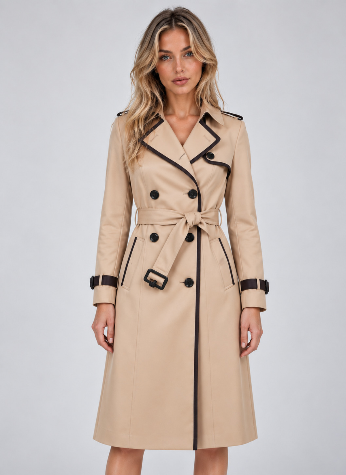 Montarello Women's Trench Coat Double Breasted Belted Longline Beige