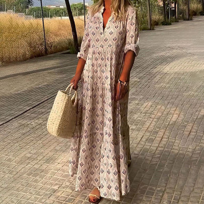 Robe chemise maxi à imprimé bohème manches longues pour femme Montarello  