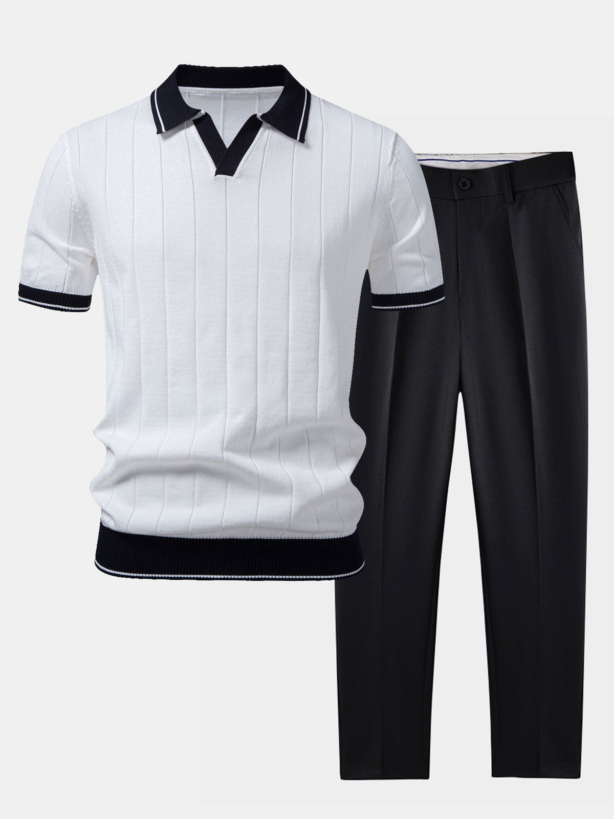 Zestaw męski Montarello: prążkowany sweter polo i zwężane spodnie w stylu smart casual