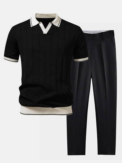 Montarello Men's Ribbed-Knit Polo and Tapered Trousers Smart Casual Set