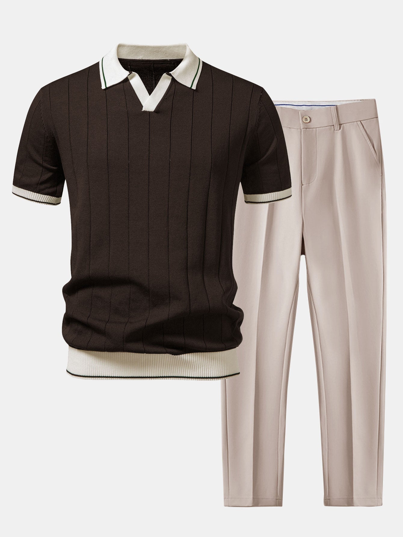 Montarello Men's Ribbed-Knit Polo and Tapered Trousers Smart Casual Set