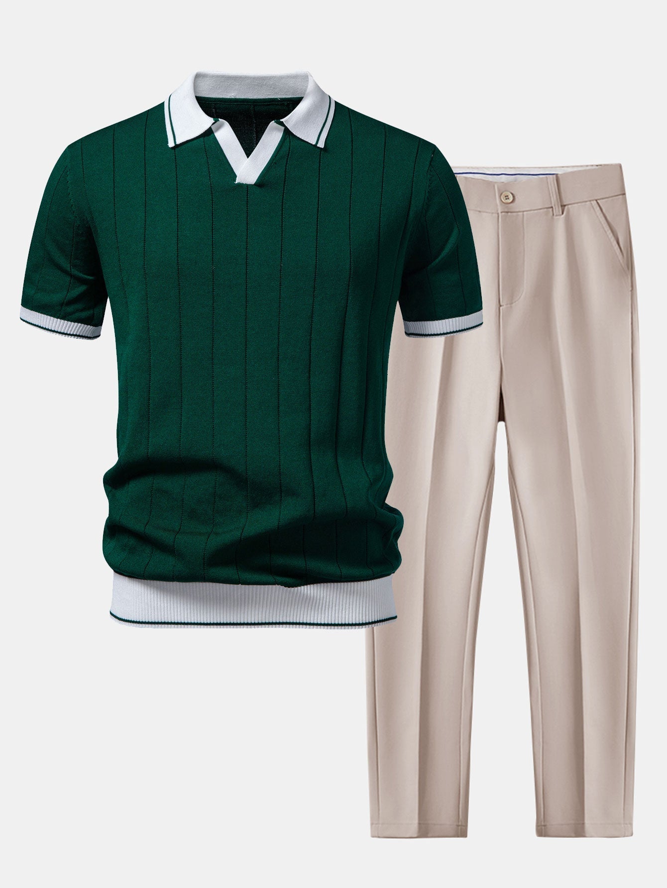 Montarello Men's Ribbed-Knit Polo and Tapered Trousers Smart Casual Set