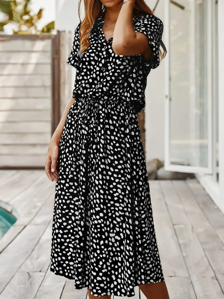 Montarello Women's Ditsy Print V-Neck Midi Dress Short Sleeve