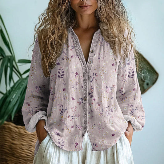Montarello Women's Floral Print V-Neck Loose Shirt Long Sleeve
