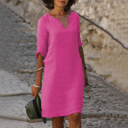 Montarello Women's V-Neck Linen-Look Midi Dress 3/4 Sleeve