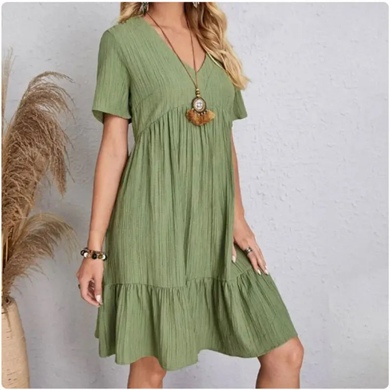 Montarello Women's V-Neck Tiered Ruffle Midi Dress Short Sleeve