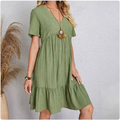 Montarello Women's V-Neck Tiered Ruffle Midi Dress Short Sleeve