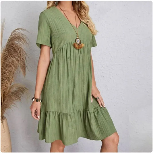 Robe midi femme Montarello à volants superposés col en V manches courtes