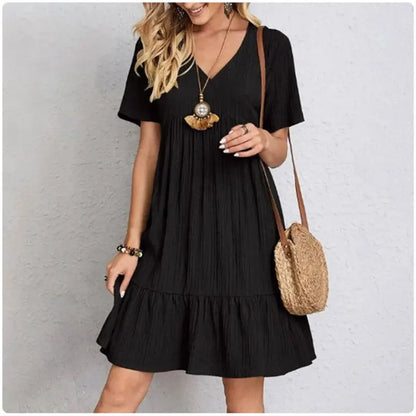 Montarello Women's V-Neck Tiered Ruffle Midi Dress Short Sleeve