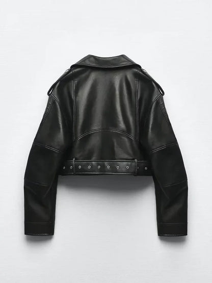 Montarello Women's Leather-Look Belted Biker Jacket