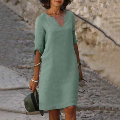 Montarello Women's V-Neck Linen-Look Midi Dress 3/4 Sleeve