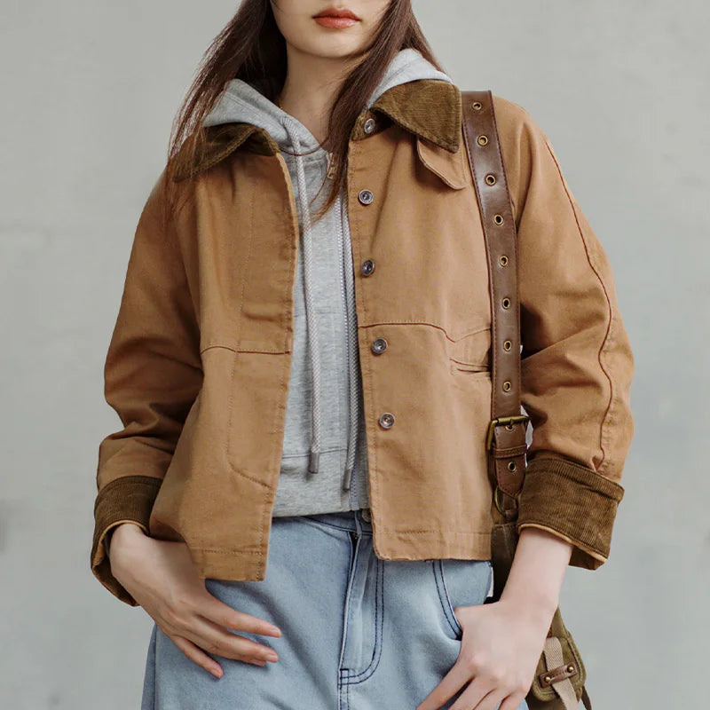 Montarello Women's Barn Jacket with Corduroy Collar and Utility Pockets