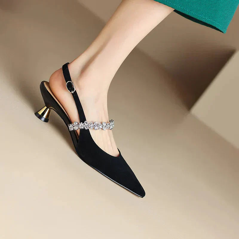 Montarello Women's Crystal Strap Pointed Toe Slingback Pumps