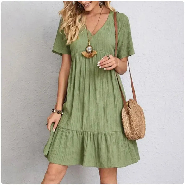 Montarello Women's V-Neck Tiered Ruffle Midi Dress Short Sleeve