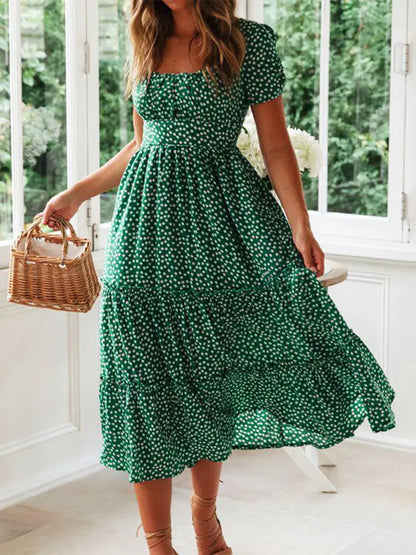 Montarello Women's Ditsy Print Square Neck Midi Dress Puff Sleeve