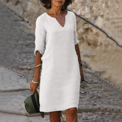 Montarello Women's V-Neck Linen-Look Midi Dress 3/4 Sleeve
