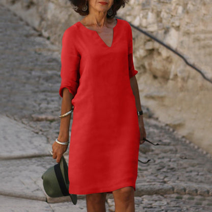 Montarello Women's V-Neck Linen-Look Midi Dress 3/4 Sleeve