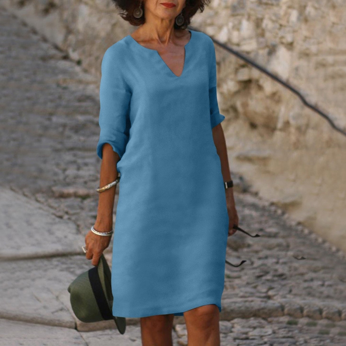 Montarello Women's V-Neck Linen-Look Midi Dress 3/4 Sleeve