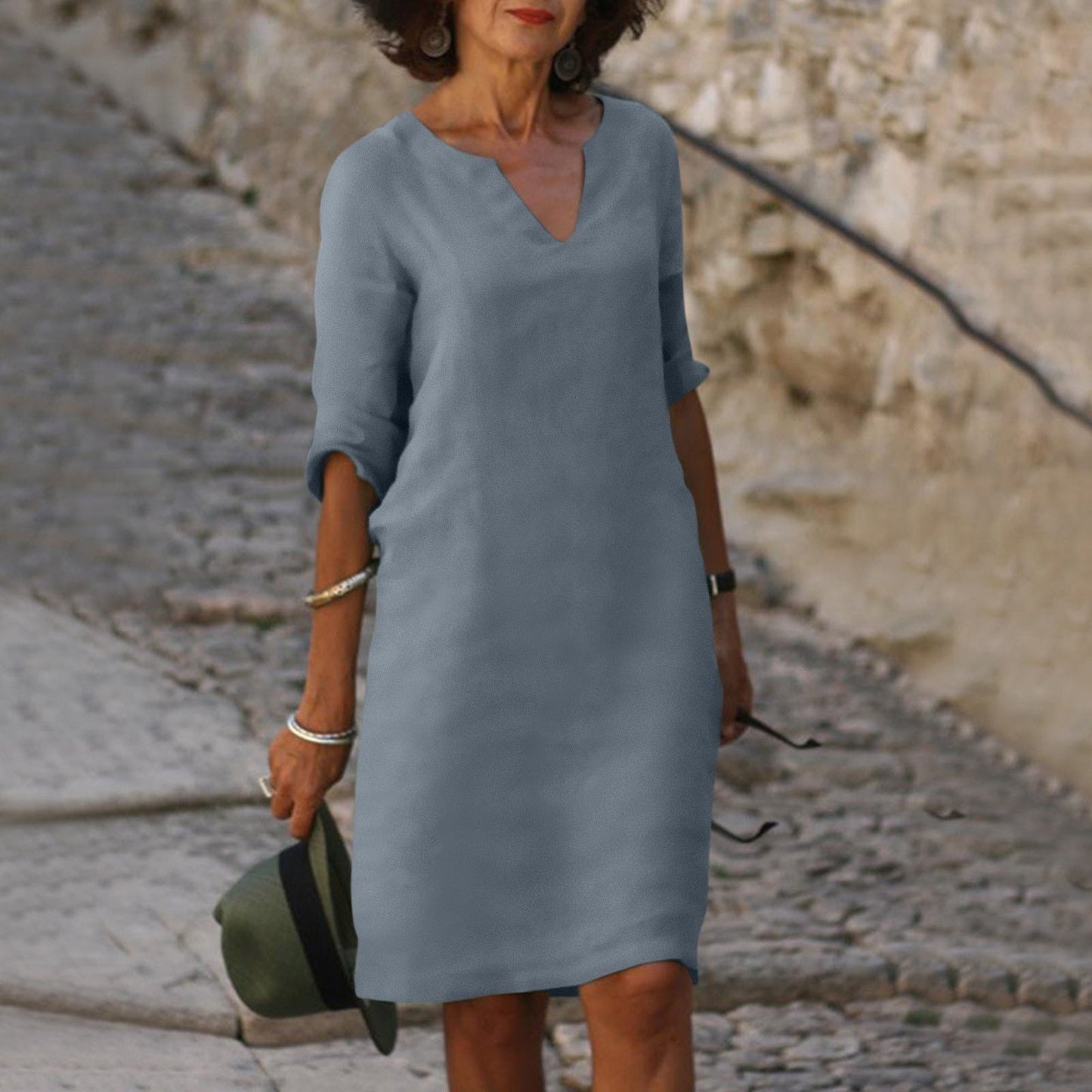 Montarello Women's V-Neck Linen-Look Midi Dress 3/4 Sleeve