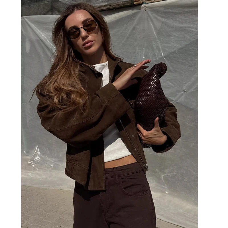 Veste courte pour femme Montarello en simili-daim avec fermeture à boutons-pression