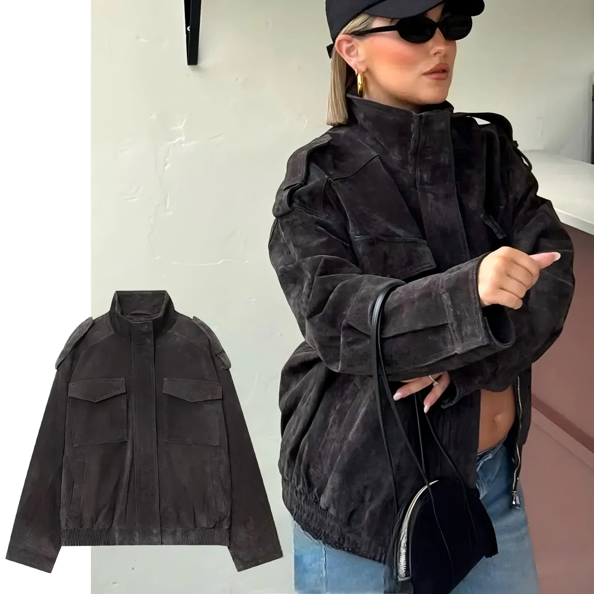 Montarello Women's Suede-Look Bomber Jacket with Pockets