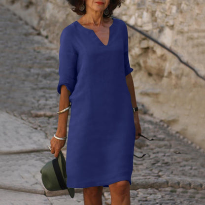 Montarello Women's V-Neck Linen-Look Midi Dress 3/4 Sleeve
