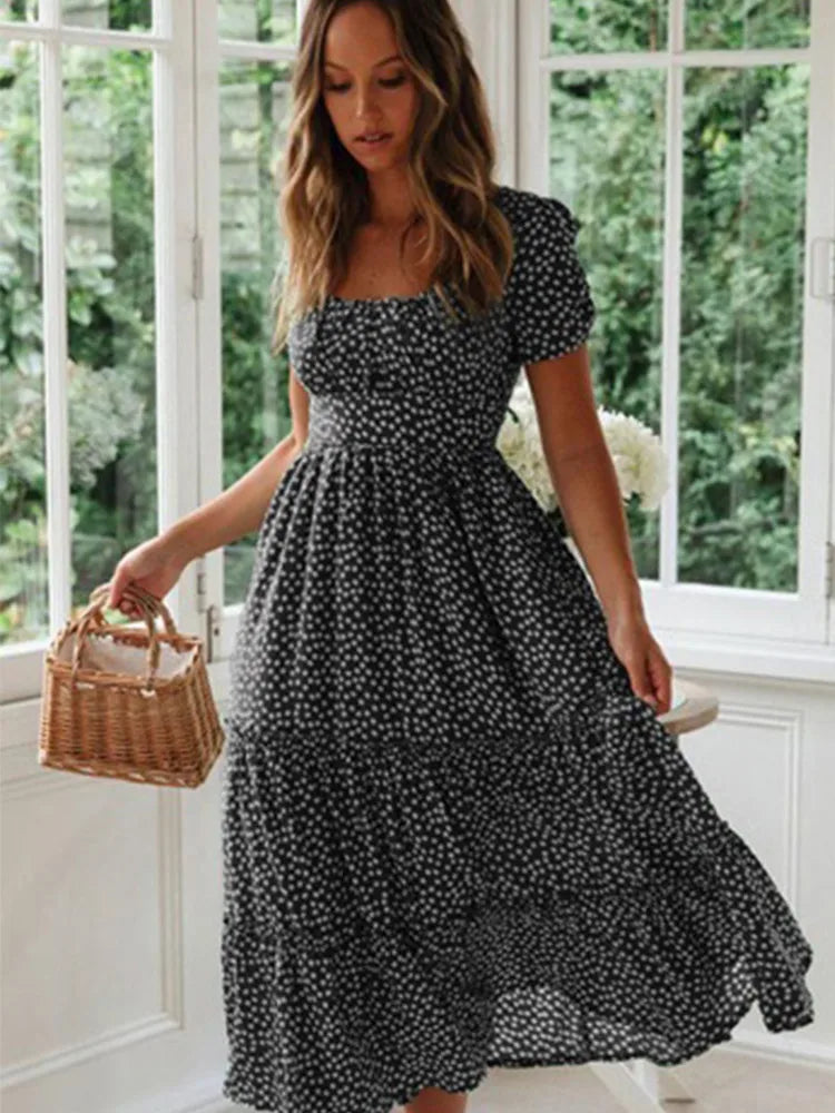 Montarello Women's Ditsy Print Square Neck Midi Dress Puff Sleeve
