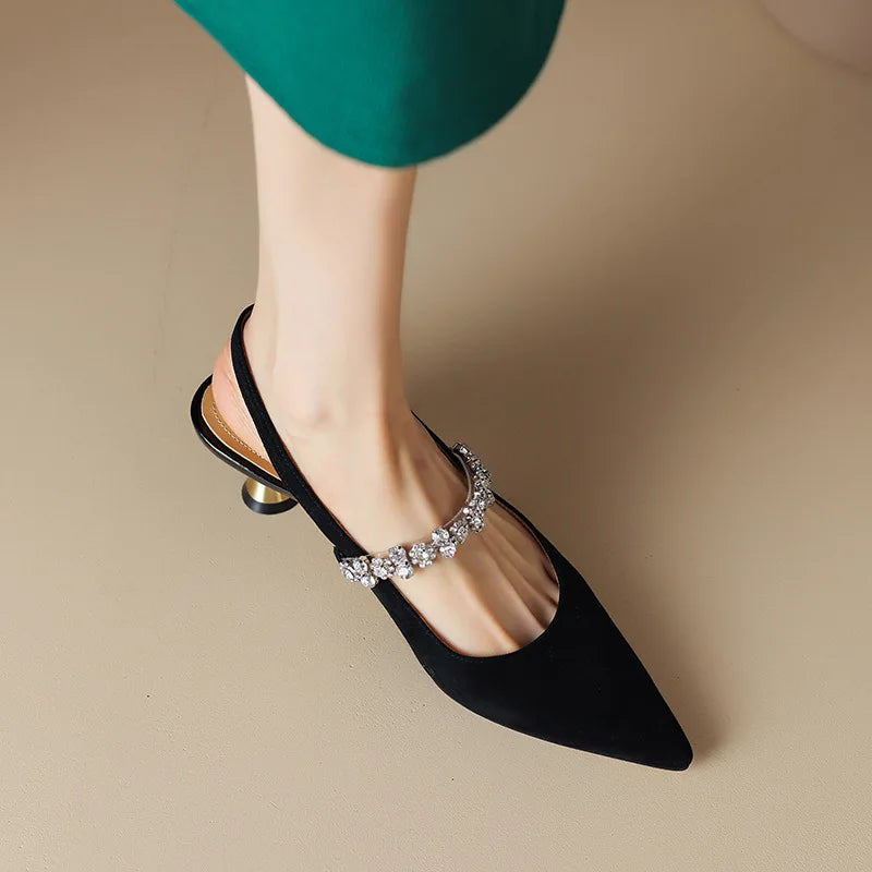 Montarello Women's Crystal Strap Pointed Toe Slingback Pumps
