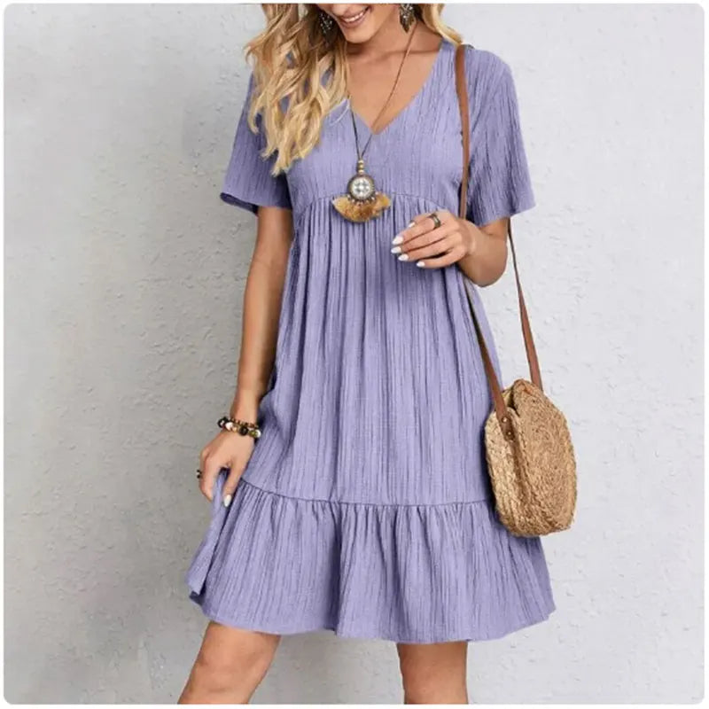 Montarello Women's V-Neck Tiered Ruffle Midi Dress Short Sleeve