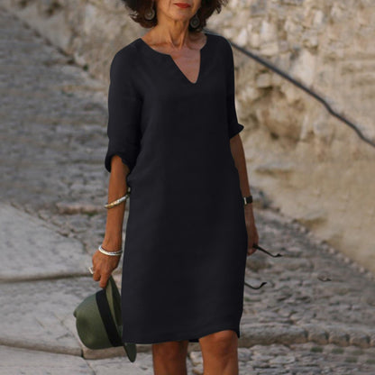 Montarello Women's V-Neck Linen-Look Midi Dress 3/4 Sleeve