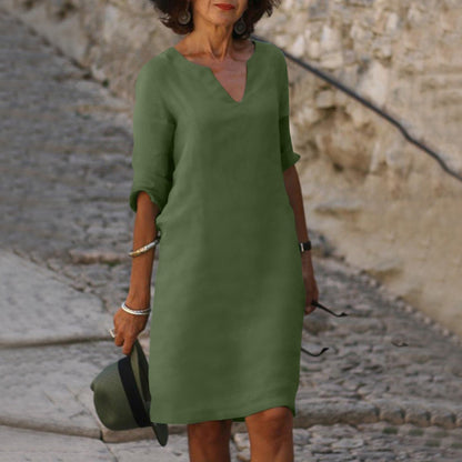 Montarello Women's V-Neck Linen-Look Midi Dress 3/4 Sleeve