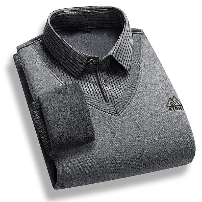Montarello Men's Polo Sweater with Fleece Lining and Mock Layer