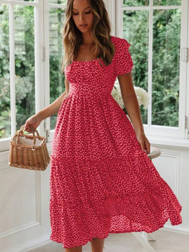 Montarello Women's Ditsy Print Square Neck Midi Dress Puff Sleeve