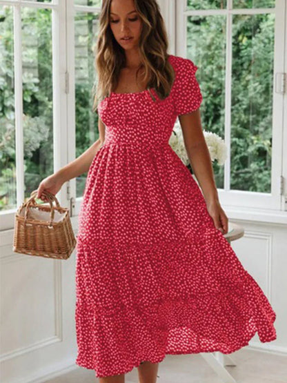Montarello Women's Ditsy Print Square Neck Midi Dress Puff Sleeve
