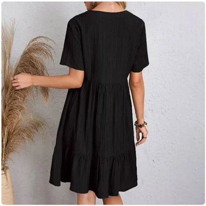 Montarello Women's V-Neck Tiered Ruffle Midi Dress Short Sleeve