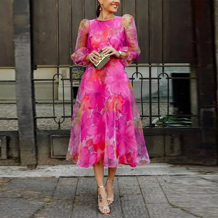 Montarello Puff Sleeve Women's Floral Midi Dress