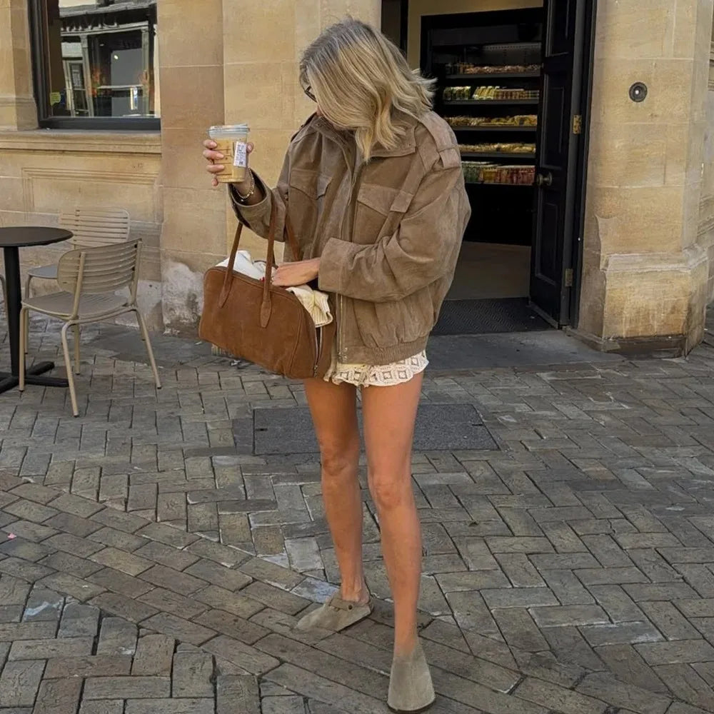 Montarello Women's Suede-Look Bomber Jacket with Pockets