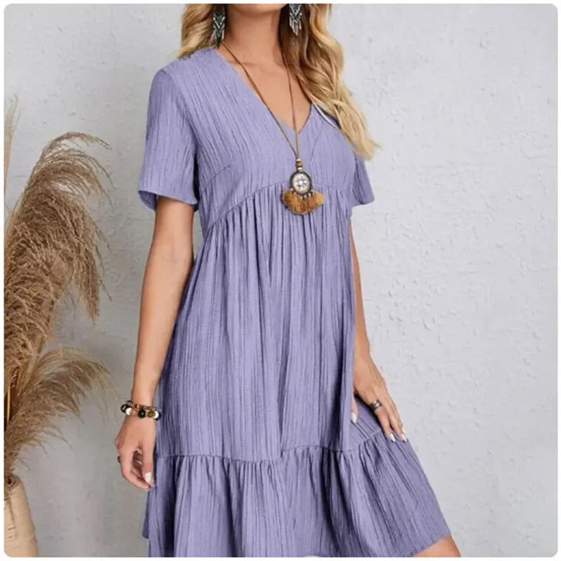 Montarello Women's V-Neck Tiered Ruffle Midi Dress Short Sleeve