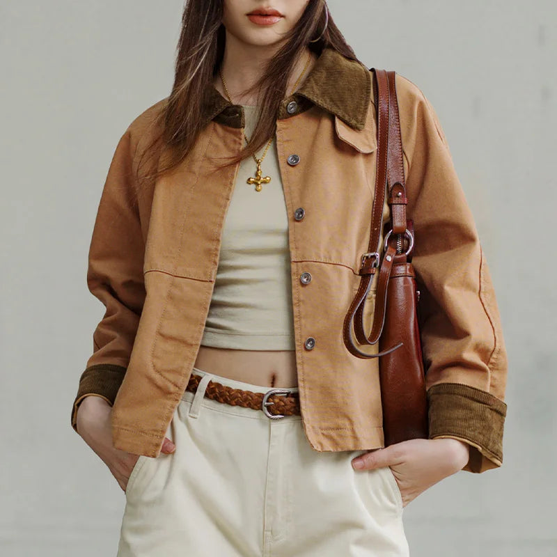 Montarello Women's Barn Jacket with Corduroy Collar and Utility Pockets