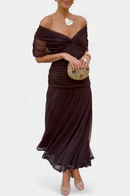 Montarello Ruched V-Neck Women's Maxi Dress with Flowing Sleeves
